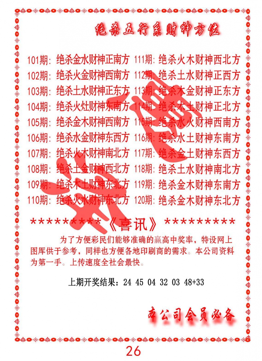 101期绝杀五行及财神方位[图]