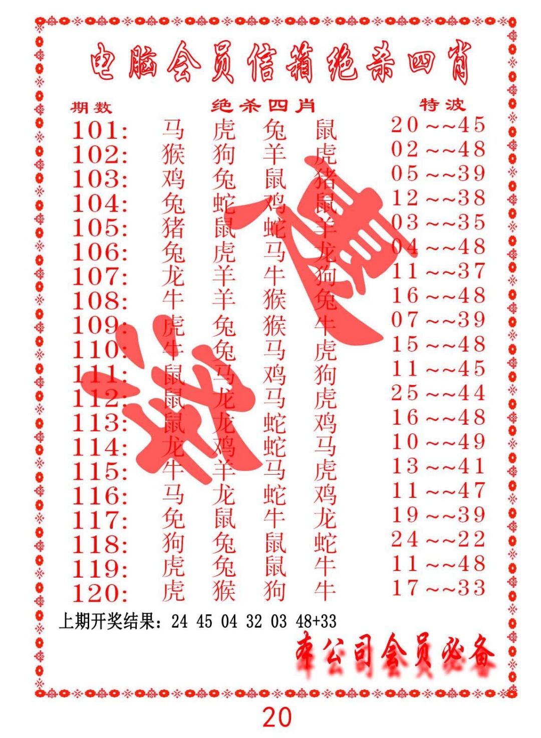 101期电脑会员-绝杀四肖[图]